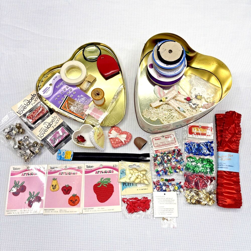 Vintage MCM Sewing Tin Lot, Buttons Thread Notions Applique Labels Ribbon, More!